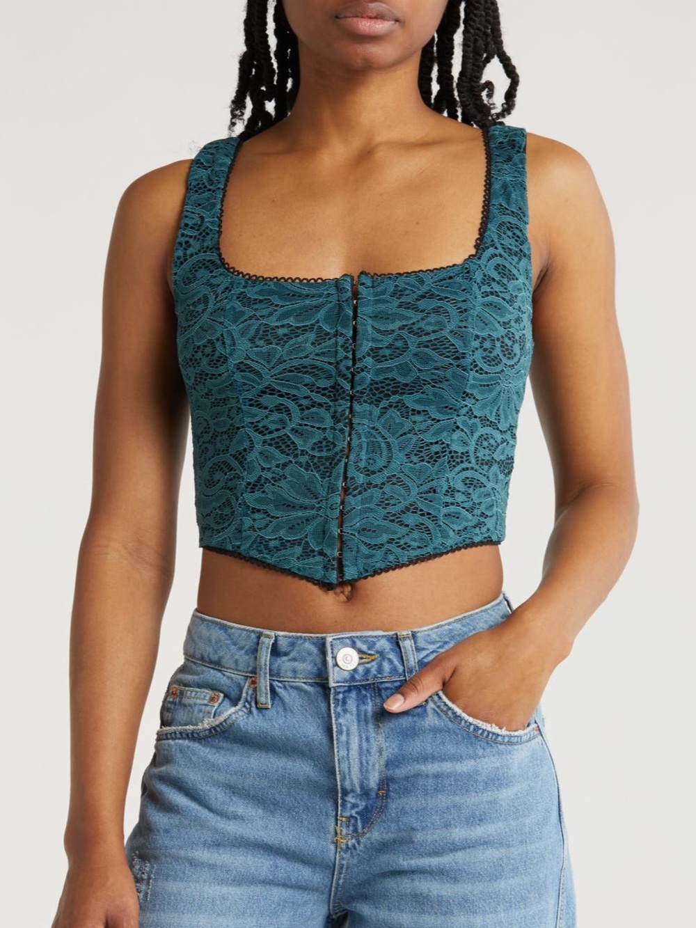 Lulu's Teal Lace Crop Tank with Hook Front